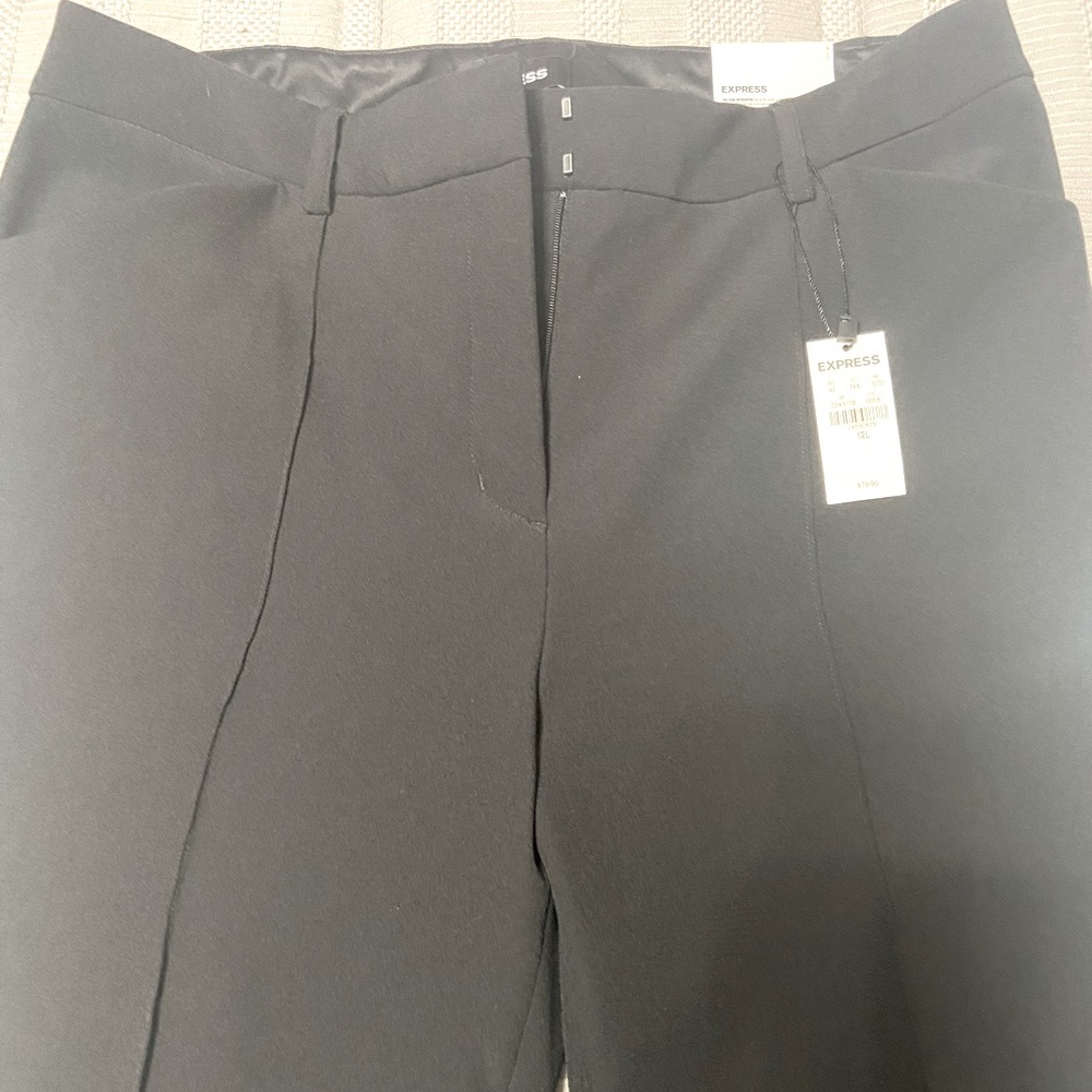 Black dress pants zippers in front of legs at the bottom.